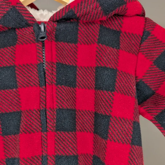 ❤️ 2 for 10 ❤️ Carter's Buffalo Check Red Black Fleece Romper - Picture 3 of 4